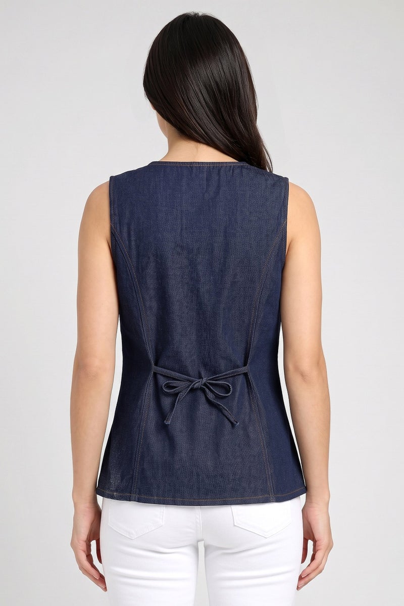 Threadbare Women Round Neck Sleeveless Washed Denim Top, Navy - Image 4