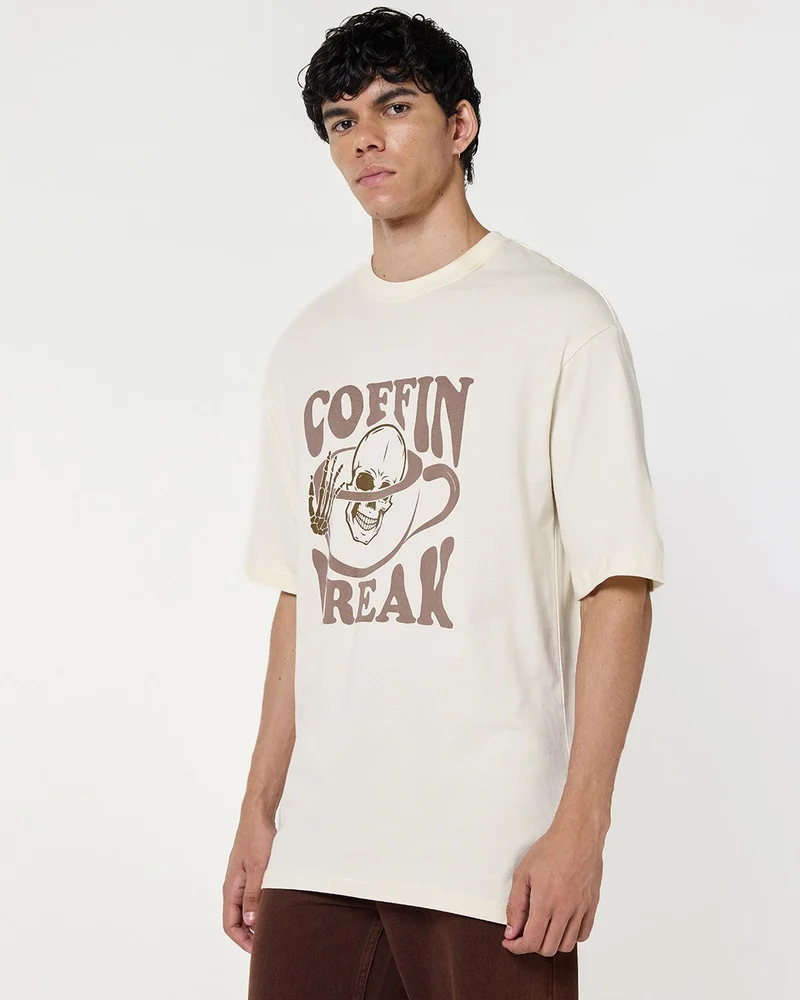 bewakoof Men's Gardenia Coffin Break Graphic Printed Oversized T-shirt