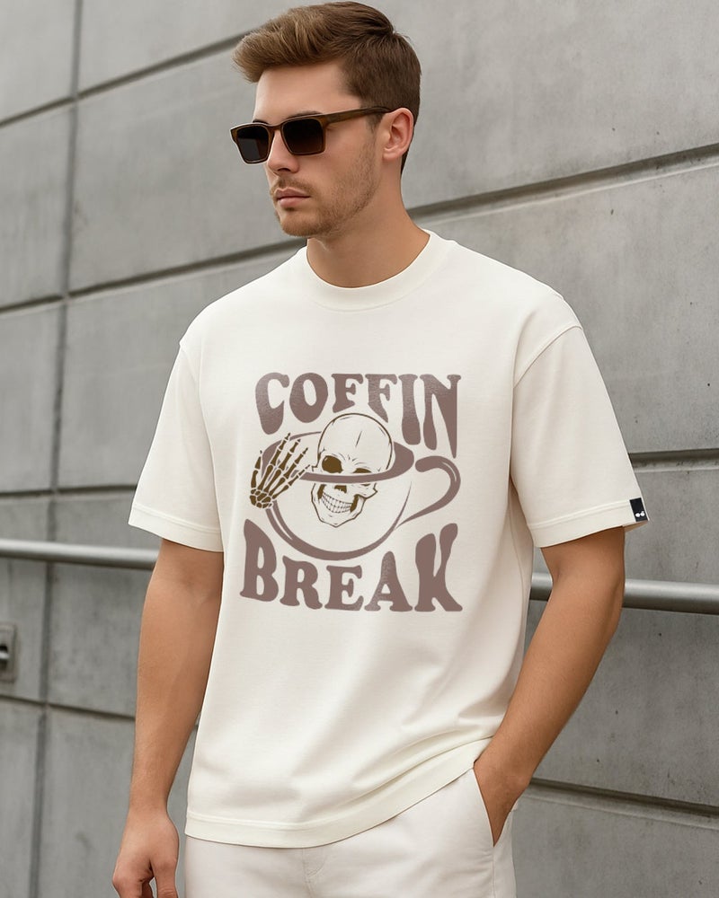 bewakoof Men's Gardenia Coffin Break Graphic Printed Oversized T-shirt - Image 2