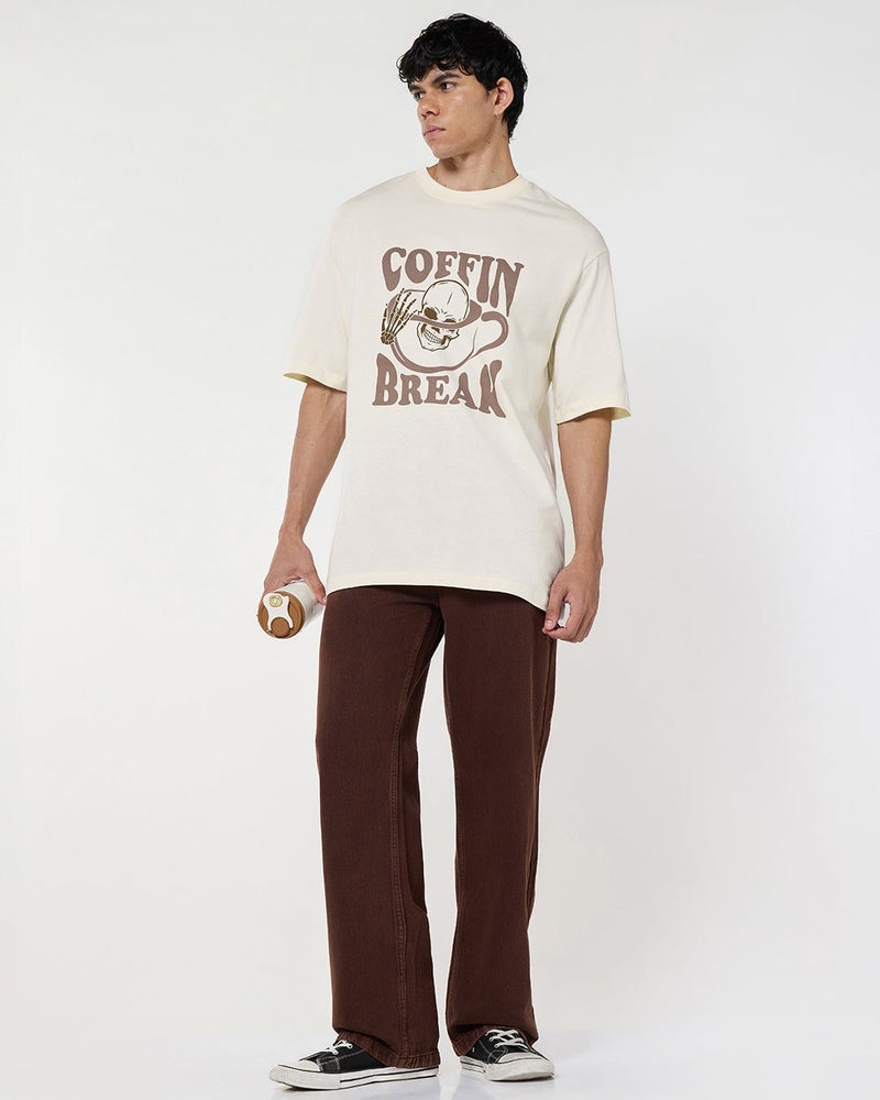 bewakoof Men's Gardenia Coffin Break Graphic Printed Oversized T-shirt - Image 5