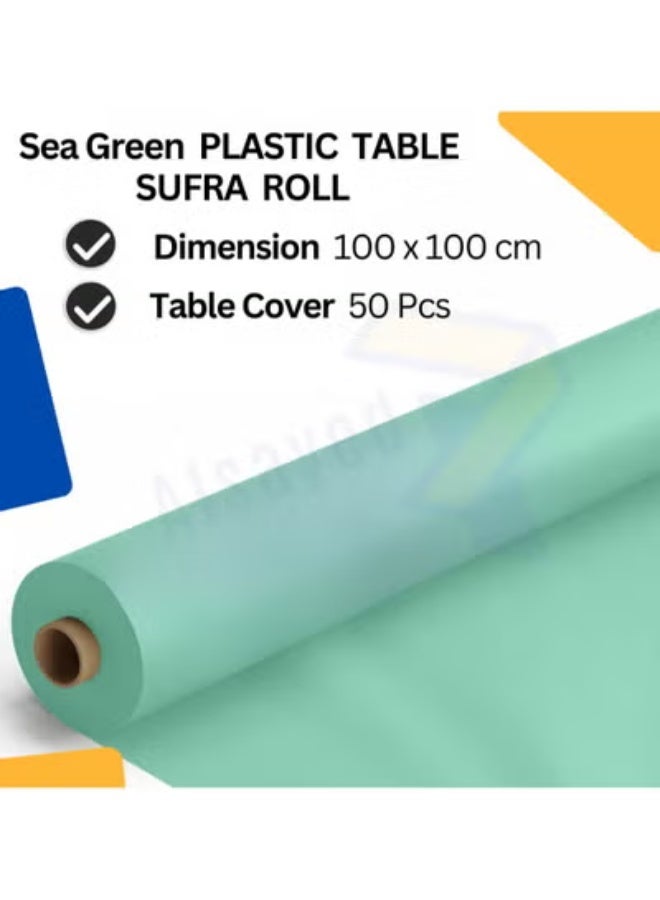 AlsayedP 50 Pcs Sufra Roll Sea Green Plastic Table Cover Roll 100 x 100 cm Disposable Table Cloth for Picnic, Party, Banquet, Birthdays, Weddings (Sea Green 50pcs) - Image 3