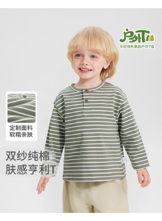 Baby's Skin-friendly Henry T-shirt Long Sleeve Spring/autumn Style Unisex Kids' T-shirt Children's Stripe Soft And Cozy Base Layer Top New - Image 1