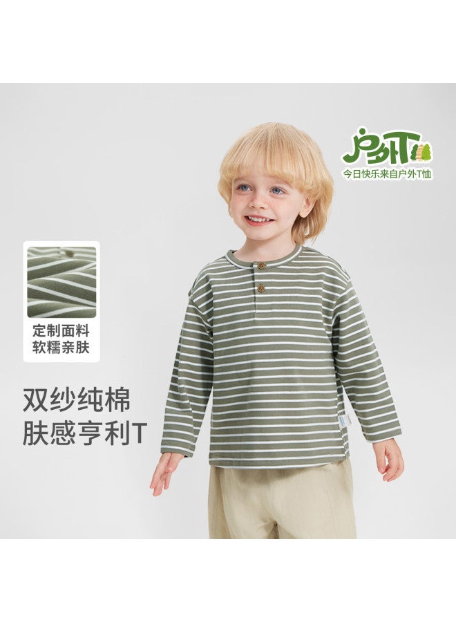 Baby's Skin-friendly Henry T-shirt Long Sleeve Spring/autumn Style Unisex Kids' T-shirt Children's Stripe Soft And Cozy Base Layer Top New - Image 2