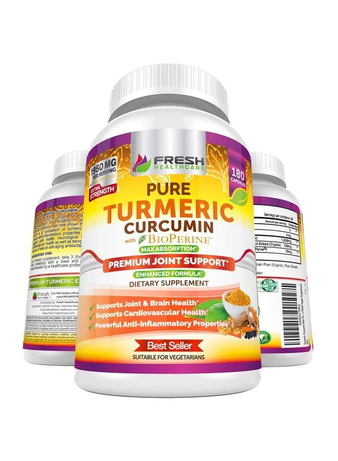 FRESH HEALTHCARE Turmeric Curcumin with BioPerine 1950mg - Natural Joint & Healthy Inflammatory Support with 95% Curcuminoids Complex - Black Pepper for Max Absorption - Non GMO, Gluten Free - 180 Capsules - Image 1