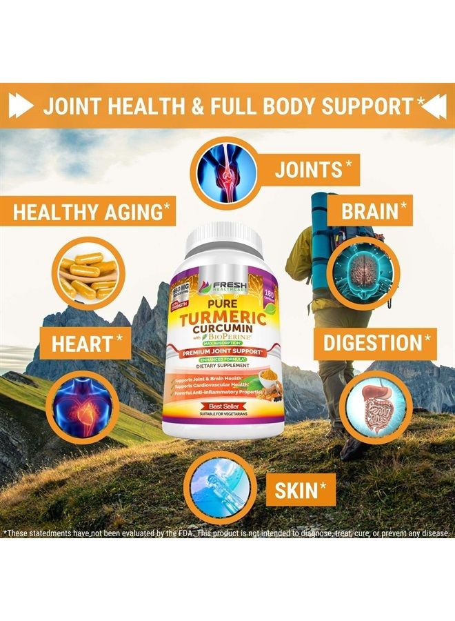FRESH HEALTHCARE Turmeric Curcumin with BioPerine 1950mg - Natural Joint & Healthy Inflammatory Support with 95% Curcuminoids Complex - Black Pepper for Max Absorption - Non GMO, Gluten Free - 180 Capsules - Image 2