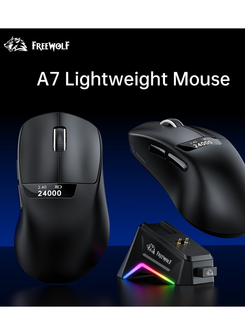 Free wolf Tri-Mode Ultra-Light Gaming Mouse, 24,000 DPI PAW3311, 59 g, RGB Magnetic Charging Dock, 1 kHz Polling, Right-Hand Ergonomics, HUANO 80M Switches (USB-C/2.4 GHz/Bluetooth) - Image 3