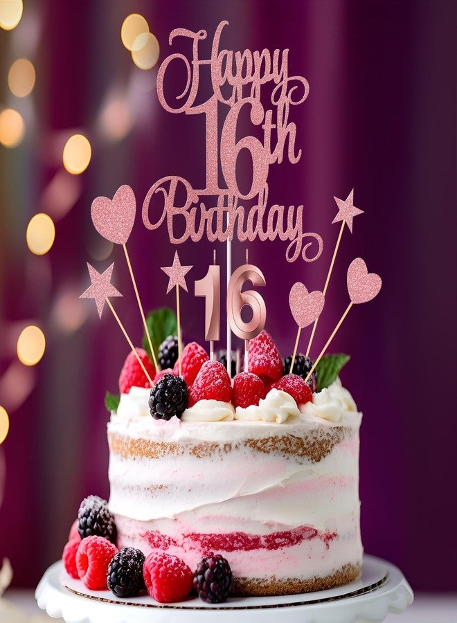 Lecferrarc 16th Birthday Cake Decorations, 16th Birthday Candles Cake Numeral Candles and Glitter Happy 16th Birthday Cake Toppers Set for Birthday Party Supplies (Rose Gold) - Image 4