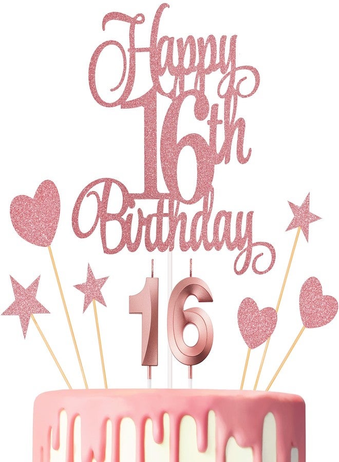 Lecferrarc 16th Birthday Cake Decorations, 16th Birthday Candles Cake Numeral Candles and Glitter Happy 16th Birthday Cake Toppers Set for Birthday Party Supplies (Rose Gold) - Image 1