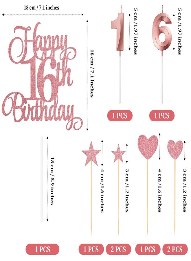 Lecferrarc 16th Birthday Cake Decorations, 16th Birthday Candles Cake Numeral Candles and Glitter Happy 16th Birthday Cake Toppers Set for Birthday Party Supplies (Rose Gold) - Image 2