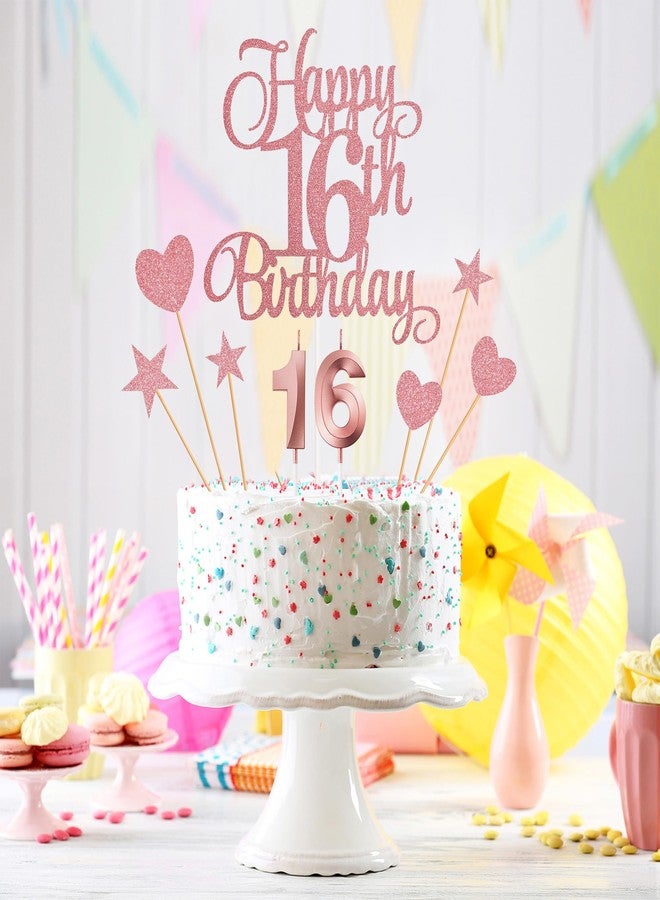 Lecferrarc 16th Birthday Cake Decorations, 16th Birthday Candles Cake Numeral Candles and Glitter Happy 16th Birthday Cake Toppers Set for Birthday Party Supplies (Rose Gold) - Image 3