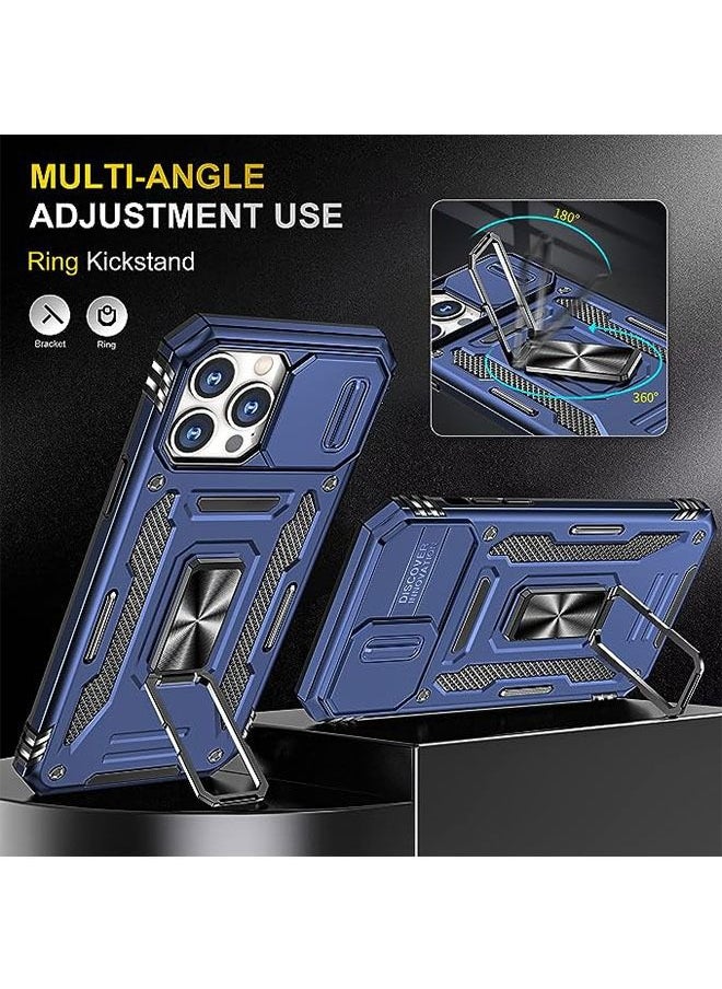 iPhone 15 Pro Max Case, Slide Camera Cover, Built-in 360° Rotate Ring Kickstand, Military Grade Shockproof Test, Heavy Duty Shockproof Protective Case for iPhone 15 Pro Max 6.7 Inch (Blue)