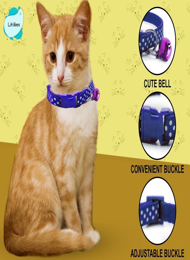 Litvibes Cat & Puppy Collar with Bell,Kitten & Small Dogs Soft Adjustable,Safe,Solid & Protective Breakaway for Cats & Puppies,Cute Kitty Neckband with Dots Print-(Blue) - Image 2