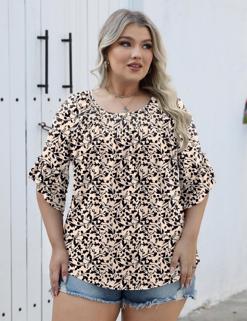 Micoson Women's Plus-Size Fashion 2025 Trendy Womens 3/4 Sleeve Tops and Blouses Ruffle Bell Sleeve Pleated Dressy Casual Tops - Image 5
