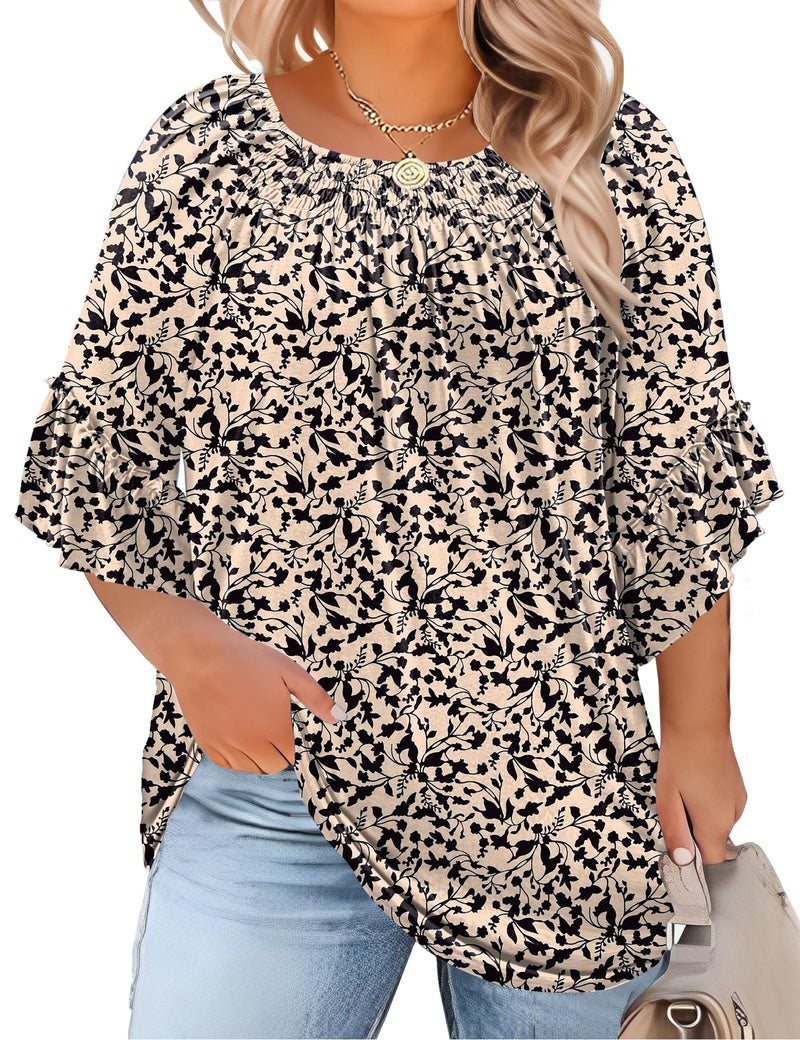 Micoson Women's Plus-Size Fashion 2025 Trendy Womens 3/4 Sleeve Tops and Blouses Ruffle Bell Sleeve Pleated Dressy Casual Tops - Image 1