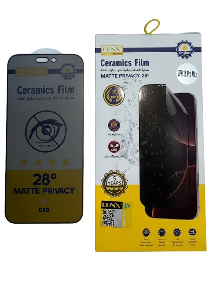 دينكس واقي شاشة دينكس D-NX فيلم سيراميك مطفي للخصوصية 28 درجة لهاتف آيفون 15 برو ماكس مع حماية من الوهج والخدوش