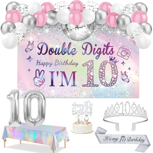 Juesly 10th Birthday Decorations for Girls, Silver Dazzle Double Digits Banner,Iridescence Tablecloth,Sash,Tiara, Happy 10th Birthday Cake Topper,Candles, 10 Number Balloons and Latex Balloons Arch - Image 1