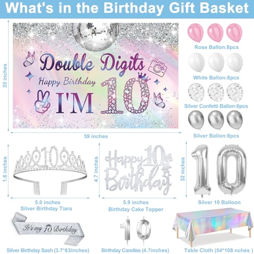 Juesly 10th Birthday Decorations for Girls, Silver Dazzle Double Digits Banner,Iridescence Tablecloth,Sash,Tiara, Happy 10th Birthday Cake Topper,Candles, 10 Number Balloons and Latex Balloons Arch - Image 4