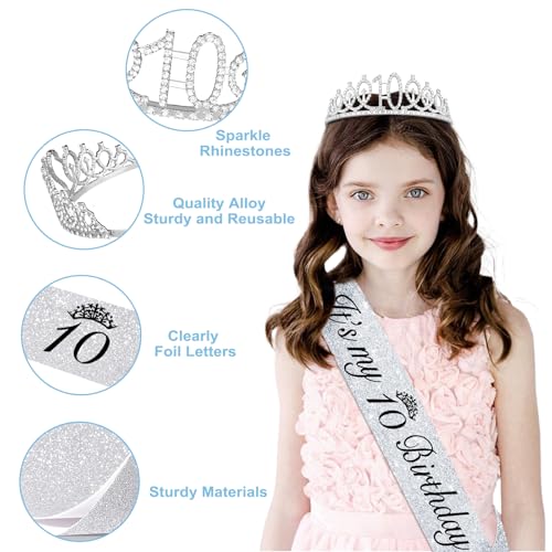 Juesly 10th Birthday Decorations for Girls, Silver Dazzle Double Digits Banner,Iridescence Tablecloth,Sash,Tiara, Happy 10th Birthday Cake Topper,Candles, 10 Number Balloons and Latex Balloons Arch - Image 2