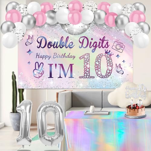 Juesly 10th Birthday Decorations for Girls, Silver Dazzle Double Digits Banner,Iridescence Tablecloth,Sash,Tiara, Happy 10th Birthday Cake Topper,Candles, 10 Number Balloons and Latex Balloons Arch - Image 3