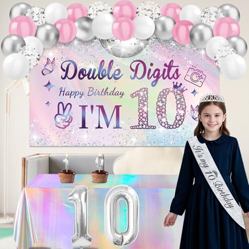 Juesly 10th Birthday Decorations for Girls, Silver Dazzle Double Digits Banner,Iridescence Tablecloth,Sash,Tiara, Happy 10th Birthday Cake Topper,Candles, 10 Number Balloons and Latex Balloons Arch - Image 5