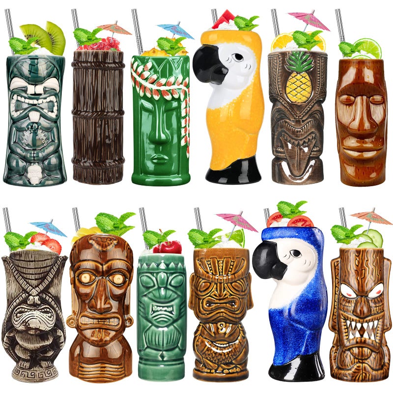 SuproBarware Tiki Mugs Cocktail Set of 12  Ceramic Tiki Hawaiian Party Cups Cute Exotic Cocktail Glasses Hawaiian Bar Professional Hawaiian and Halloween Christmas Party Barware 12PCS
