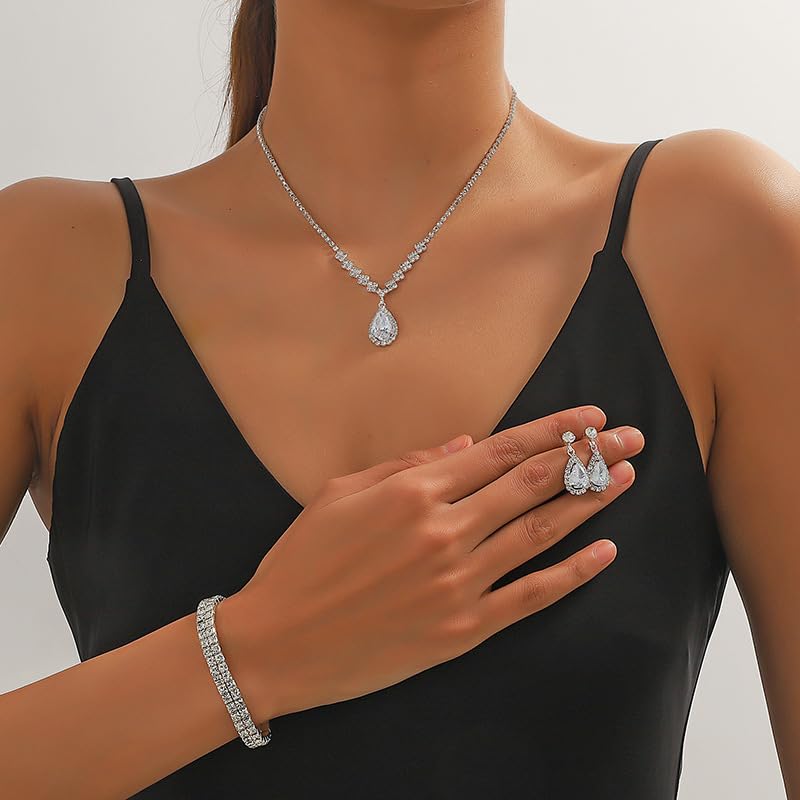 Paxuan Silver / Gold Rhinestone Crystal Wedding Bridal Bridesmaids Earrings Bracelet Set for Women Brides Bridesmaids Crystal Rhinestone Bracelet Earrings Set for Wedding Bridal Prom Pageant (Style1 - Necklace + Earrings + Bracelet(Silver Plated White Cubic Zirconia)) - Image 3