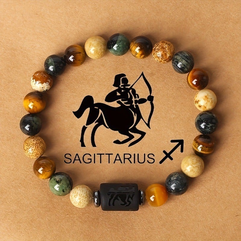 12 Zodiac Sign Bracelet with 8mm Tiger Eye Stone - Handmade Natural Beaded Charm