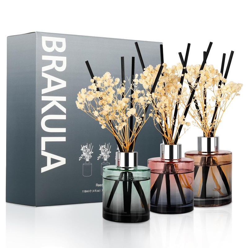 Brakula 3 Pack Reed Diffuser, Oil Diffuser Sticks, Fresh Linen, Eucalyptus&Wild Mint, Lavender Vanilla (4 fl oz Each Pack), Home Fragrance with 18 Sticks, Home Decor, Reed diffusers for Home - Image 1