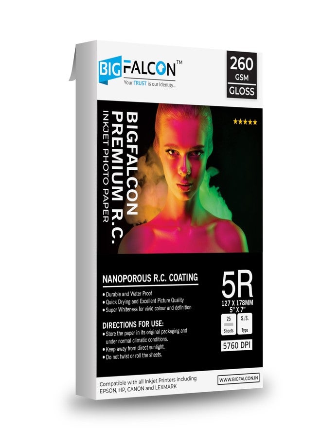BIGFALCON Premium Ultra Glossy Photo Paper 260 GSM 5R Size (5X7 Inch) RC Resin Coated Water proof Inkjet Photo Paper 25 Sheets for all Inkjet Printer (Pack of 1) - Image 1