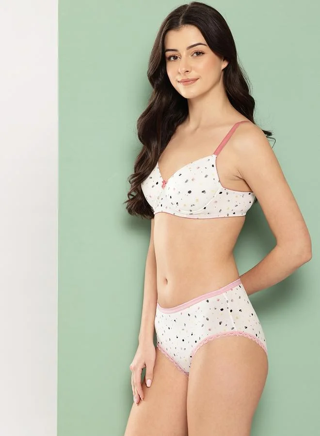 Leading Lady White Printed Lightly Padded Non Wired Bra and Brief Set
