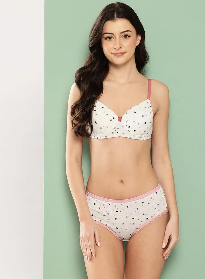 Leading Lady White Printed Lightly Padded Non Wired Bra and Brief Set