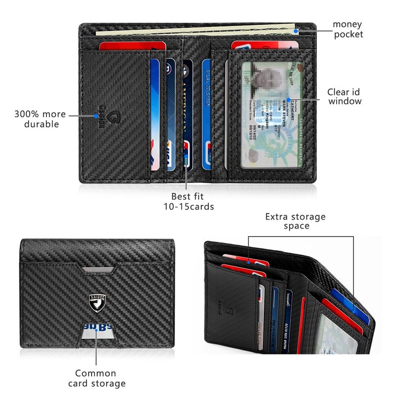 GSOIAX Wallet for Men Slim RFID Blocking Front Pocket Bifold Wallet Leather Money Clip 10-12 Cards Mens Wallet with ID Window Thin Minimalist Credit Card Holder Birthday Gifts for Men Carbon-Black - Image 2