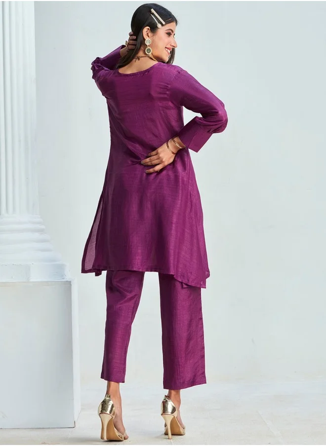 آي شين A-Line Fit Solid Pattern Round Neck Three-Quarter Sleeves WINE Colour Woven Cotton Co-Ords Set for Women with Semi Elastic Closure - An Ideal Pick for Any Occasion