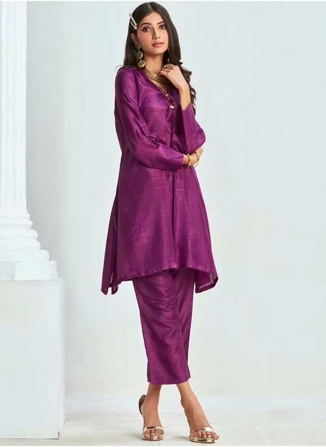 آي شين A-Line Fit Solid Pattern Round Neck Three-Quarter Sleeves WINE Colour Woven Cotton Co-Ords Set for Women with Semi Elastic Closure - An Ideal Pick for Any Occasion