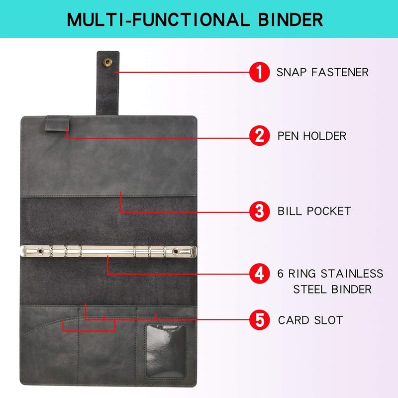 WONDERPOOL Binder Leather Journal Set Refillable Notebook Spiral Diary - Dot Grid Paper & Real Leather Inner Pockets for Man Woman (Gray, A5) - Image 4
