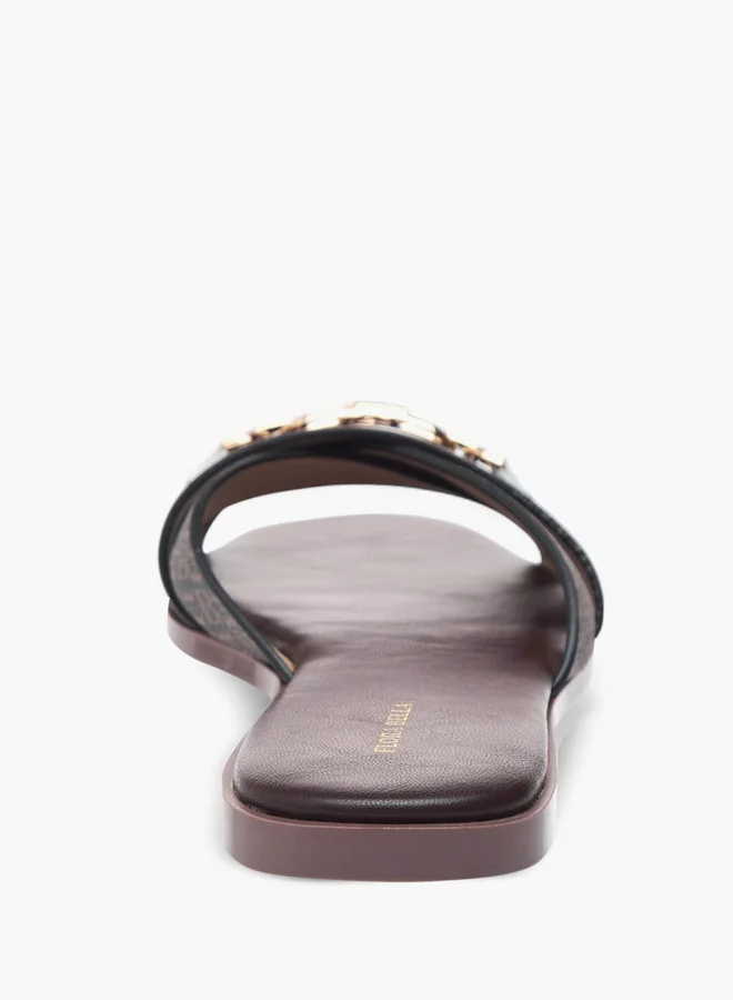 Flora Bella By Shoexpress Monogram Print Cross Strap Slip-On Flat Sandals with Metal Accent