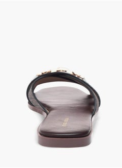 Flora Bella By Shoexpress Monogram Print Cross Strap Slip-On Flat Sandals with Metal Accent  - Image 5