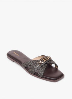 Flora Bella By Shoexpress Monogram Print Cross Strap Slip-On Flat Sandals with Metal Accent  - Image 2