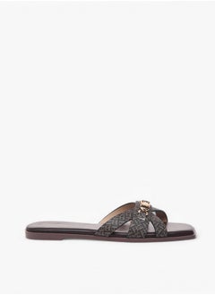 Flora Bella By Shoexpress Monogram Print Cross Strap Slip-On Flat Sandals with Metal Accent  - Image 3