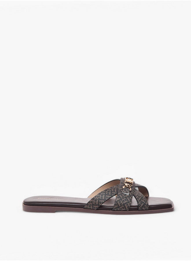 Flora Bella By Shoexpress Monogram Print Cross Strap Slip-On Flat Sandals with Metal Accent  - Image 3