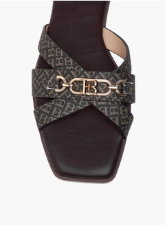 Flora Bella By Shoexpress Monogram Print Cross Strap Slip-On Flat Sandals with Metal Accent  - Image 4