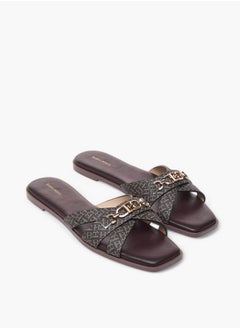 Flora Bella By Shoexpress Monogram Print Cross Strap Slip-On Flat Sandals with Metal Accent  - Image 1