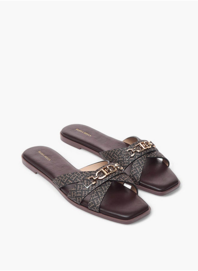 Flora Bella By Shoexpress Monogram Print Cross Strap Slip-On Flat Sandals with Metal Accent  - Image 1