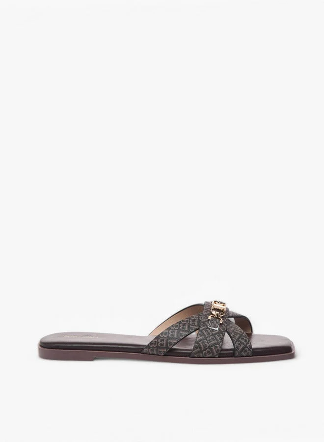 Monogram Print Cross Strap Slip-On Flat Sandals with Metal Accent