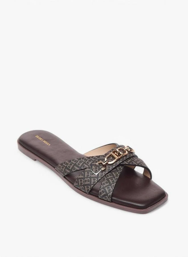 Monogram Print Cross Strap Slip-On Flat Sandals with Metal Accent