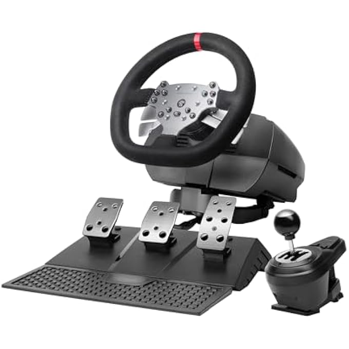 MARS GAMING MWH-RSX SIMRACING STEERING WHEEL WITH FORCE FEEDBACK AND DUAL MOTOR, SET OF 3 PEDALS WITH PROGRESSIVE RESISTANCE, 12 SPEED H GEARS, 14 ADJUSTABLE BUTTONS, PC/PS4/XBOX SERIES X|S - Image 1