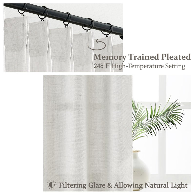 PleatedDrapes Beige White Sheer Linen Curtains 96 Inches Long for Bedroom, Neutral Modern Window Pinch Pleat Living Room Curtain for Sliding Glass Doors Light Filtering with Hooks 40" x 96"x 2Panels - Image 3