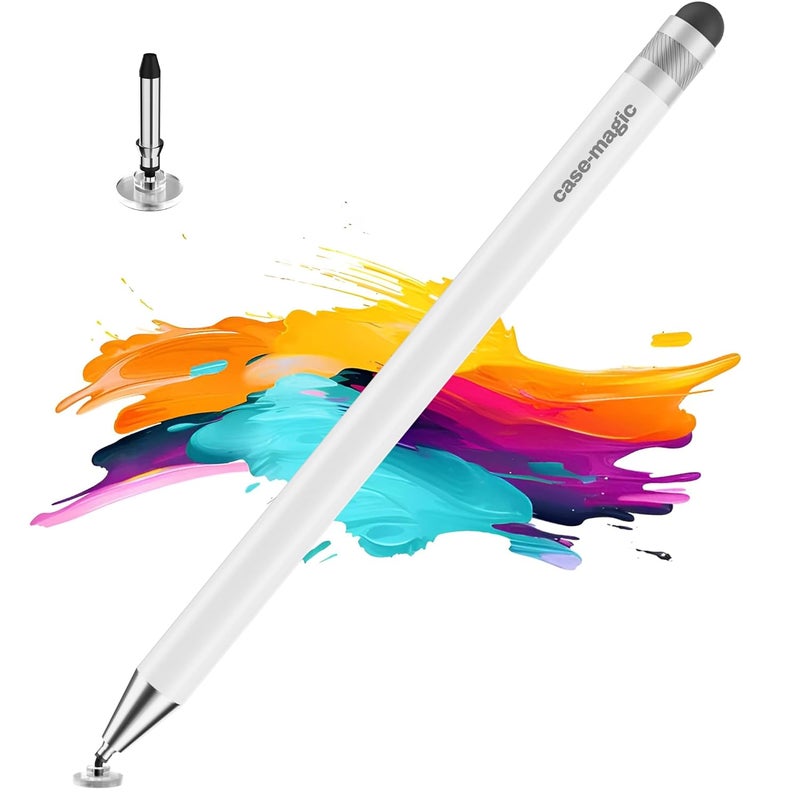 case-magic 2 in 1 Universal Stylus Pen with Fine Point Disc Tip+ Rubber Fiber Tip| for Smartphone/Tablet/iPad/Pro/Air/iPhone/iOS/Android/All Touch Screens| Aluminum Body (White) - Image 1