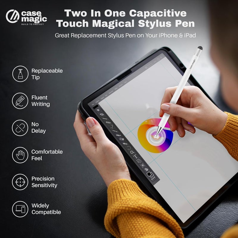 case-magic 2 in 1 Universal Stylus Pen with Fine Point Disc Tip+ Rubber Fiber Tip| for Smartphone/Tablet/iPad/Pro/Air/iPhone/iOS/Android/All Touch Screens| Aluminum Body (White) - Image 2
