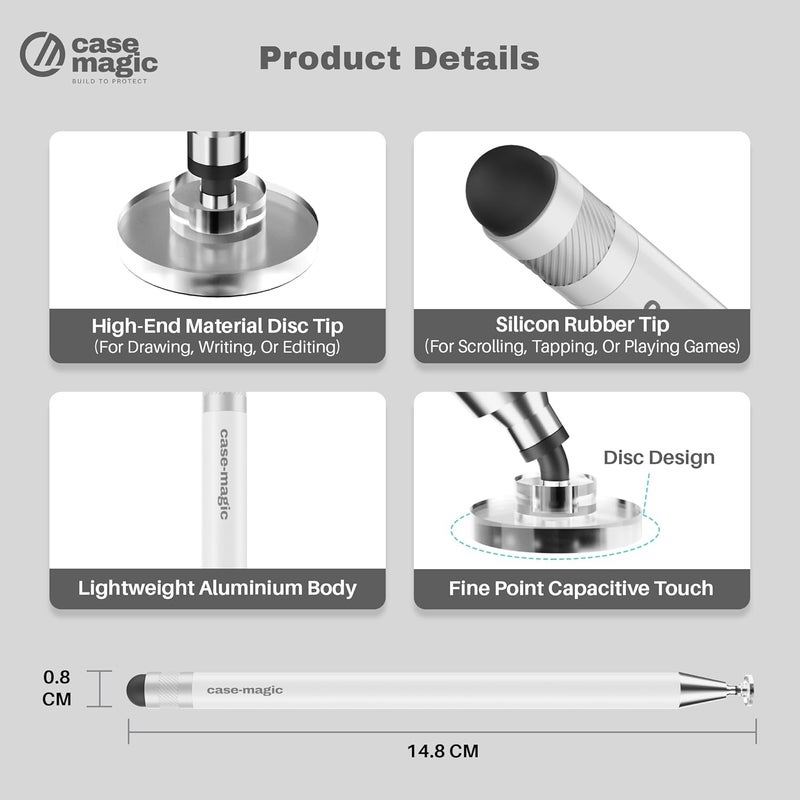 case-magic 2 in 1 Universal Stylus Pen with Fine Point Disc Tip+ Rubber Fiber Tip| for Smartphone/Tablet/iPad/Pro/Air/iPhone/iOS/Android/All Touch Screens| Aluminum Body (White) - Image 4